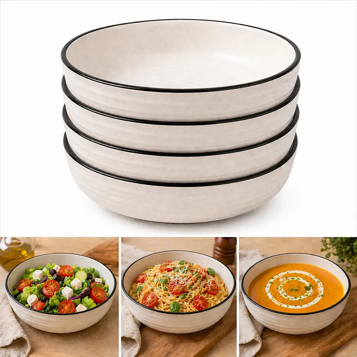 GENERICO - Pack 4 Plato Bowls 22cm Cerámica Sopas Ensaladas Pastas