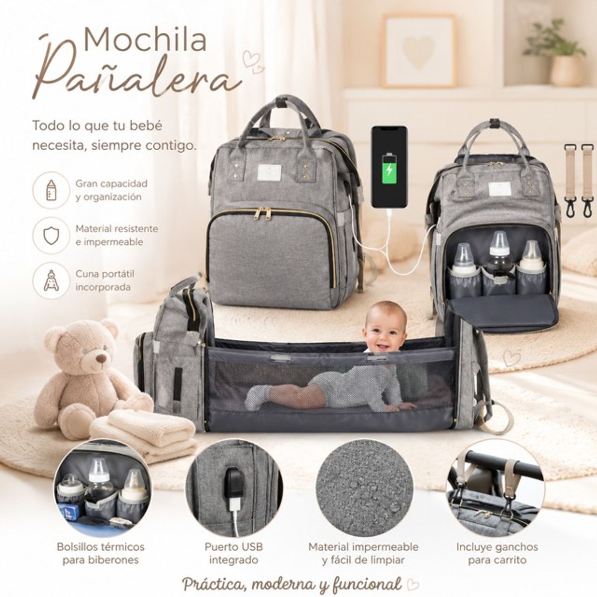 MOVI - MOCHILA PAÑALERA Y MUDADORA DE BEBE 3 en 1