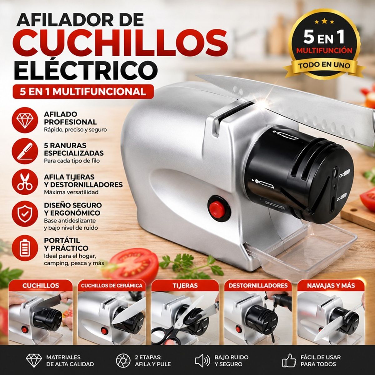 MOVI - AFILADOR DE CUCHILLOS ELÉCTRICO MULTIFUNCIONAL 5 EN 1