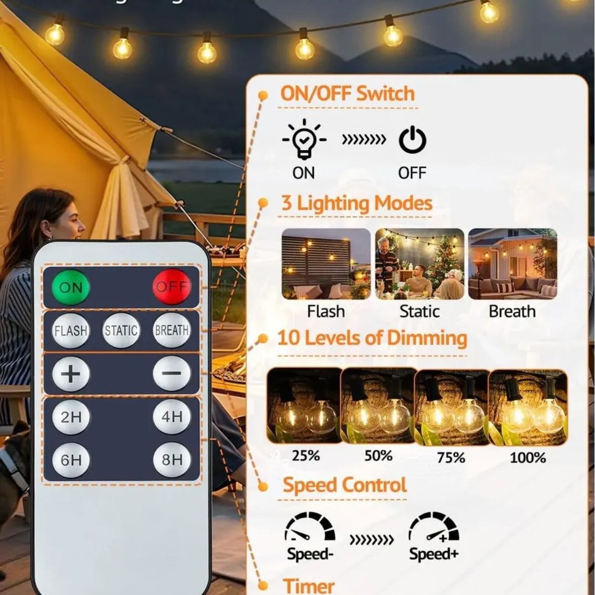 GENERICO - Guirnalda Luces Solar 7,6mt Exterior Ace +25 Ampolletas Belug