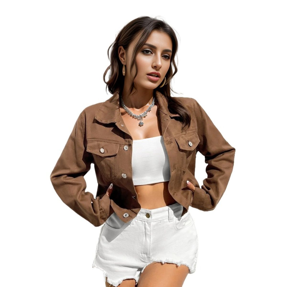 TIOZONEY - Chaqueta vaquera para mujer-Marrón
