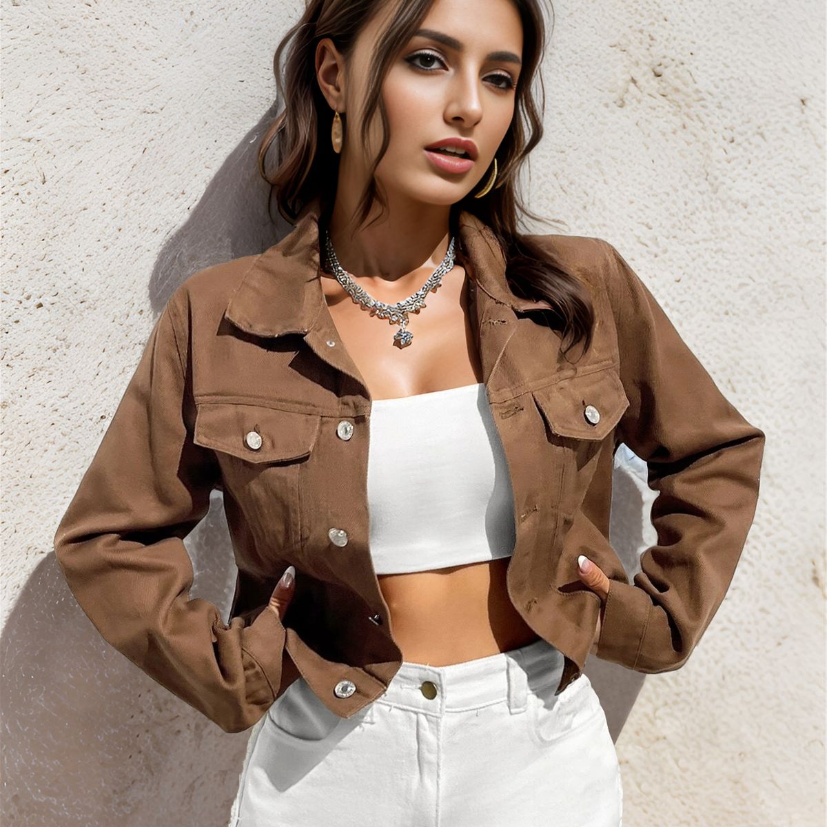 TIOZONEY - Chaqueta vaquera para mujer-Marrón