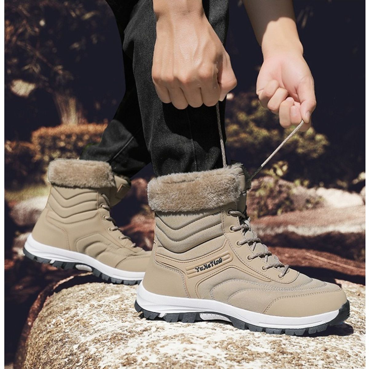 TIOZONEY - Botas de nieve cortas de felpa para Hombre - Beige