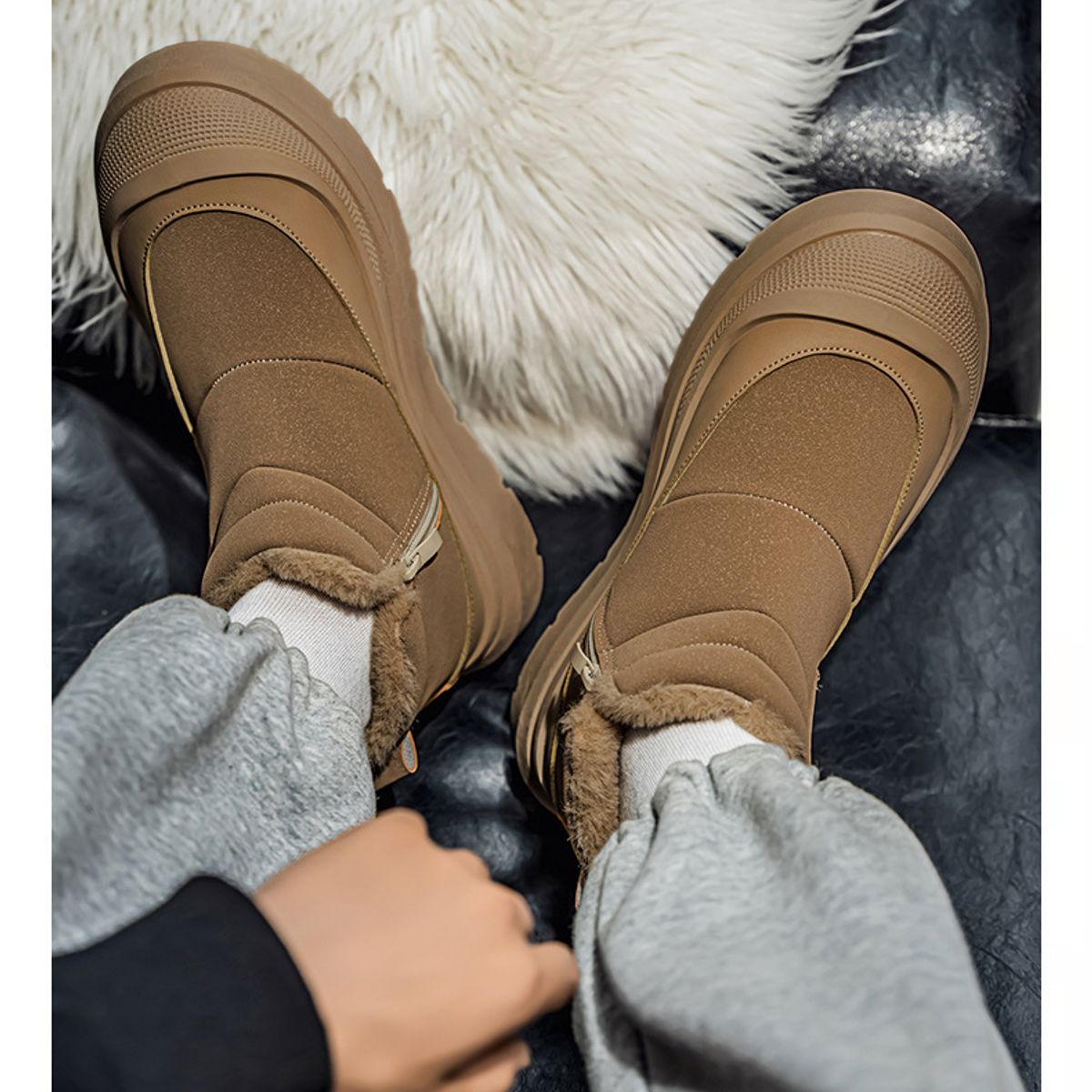 TIOZONEY - Botas de nieve cortas de felpa para Hombre - Marrón
