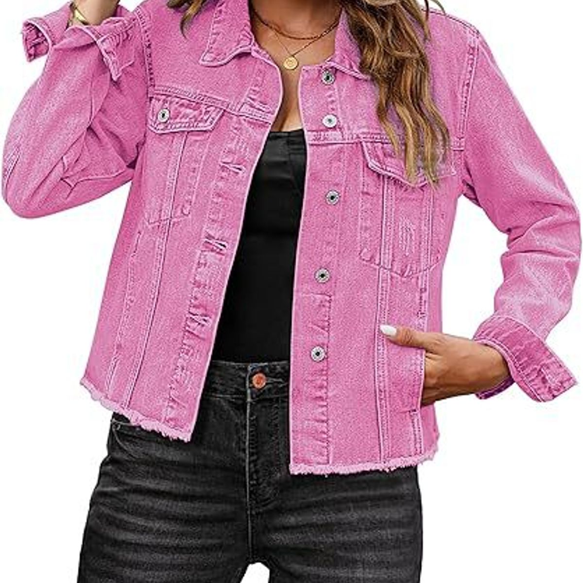 TIOZONEY - Chaqueta vaquera para mujer-Rosa