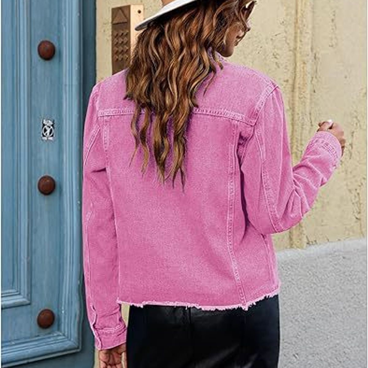 TIOZONEY - Chaqueta vaquera para mujer-Rosa
