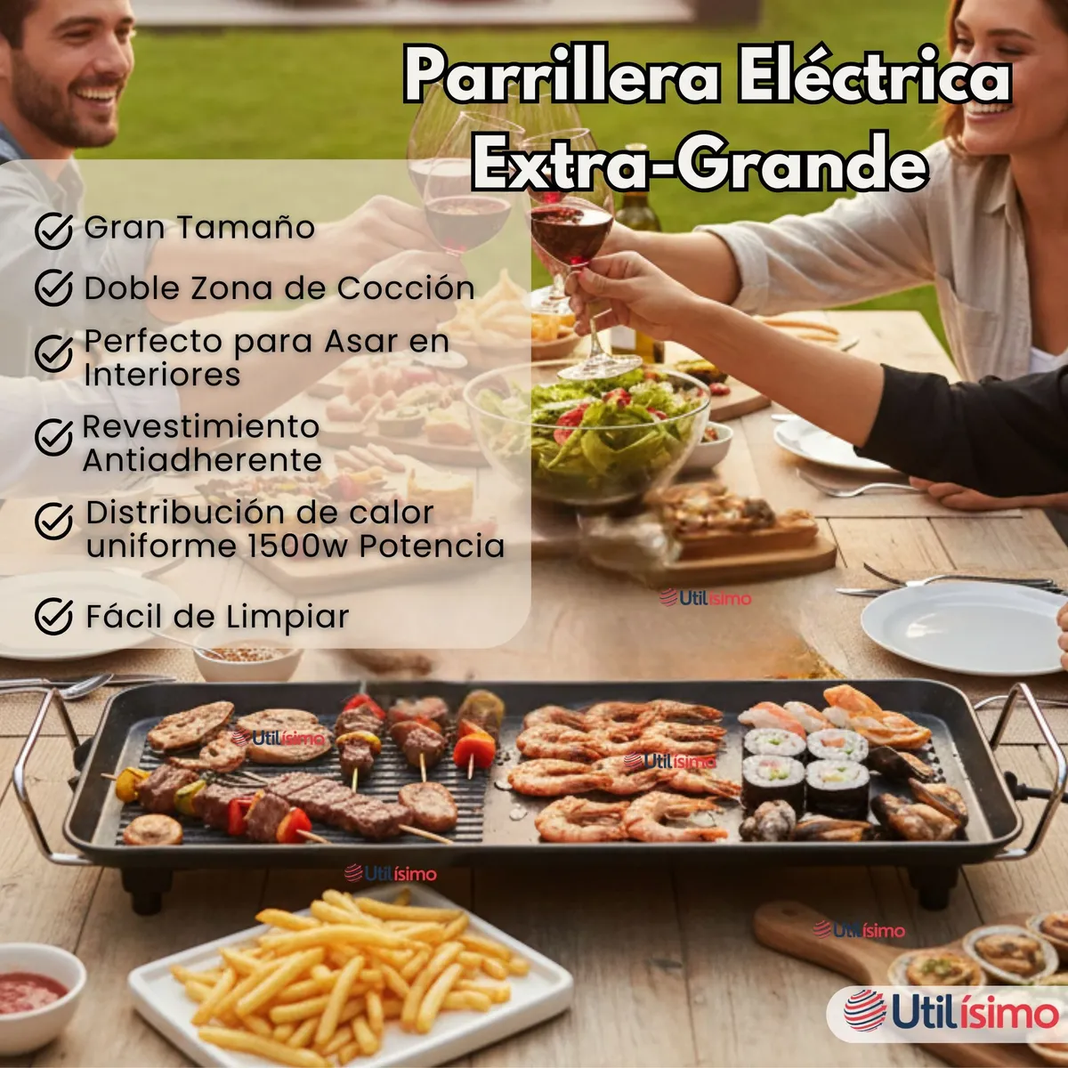 LINE - Plancha Parrillerra Eléctrica ExtraGrande Antiadherente Churrasquera 1500W de Potencia