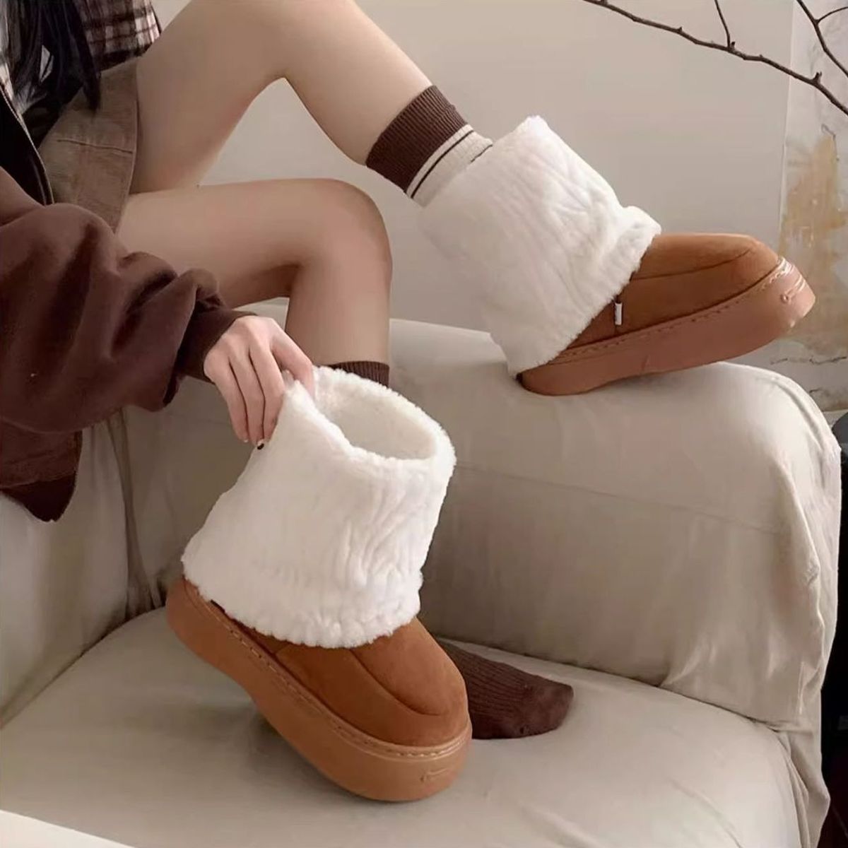 TIOZONEY - Botas de nieve cortas de felpa para Mujer - Marrón