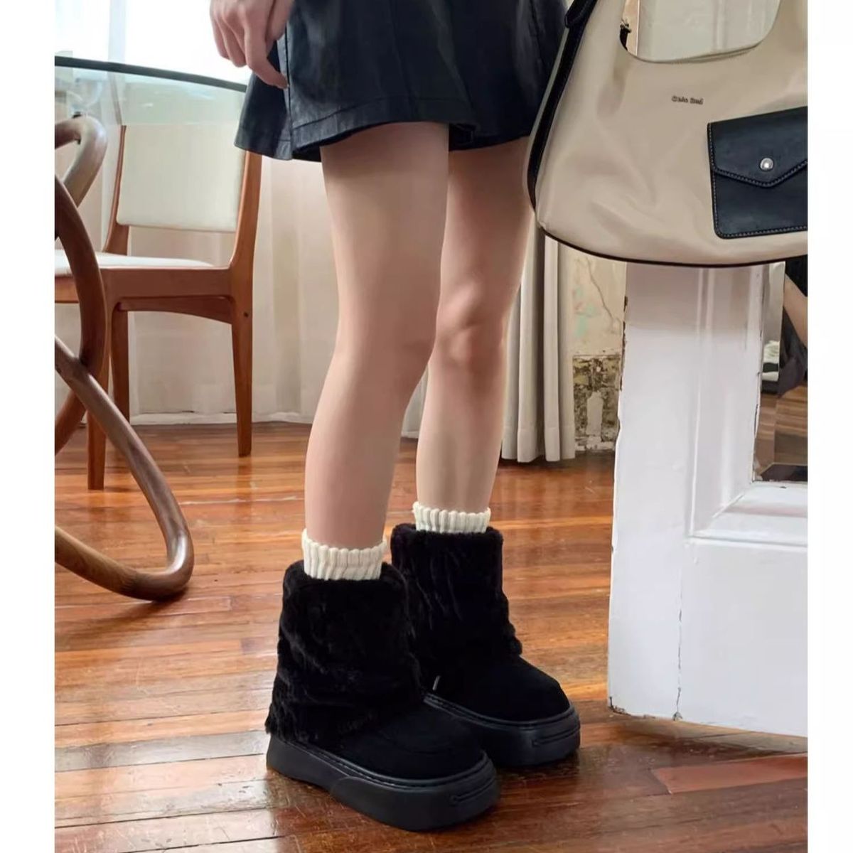 TIOZONEY - Botas de nieve cortas de felpa para Mujer - Negro