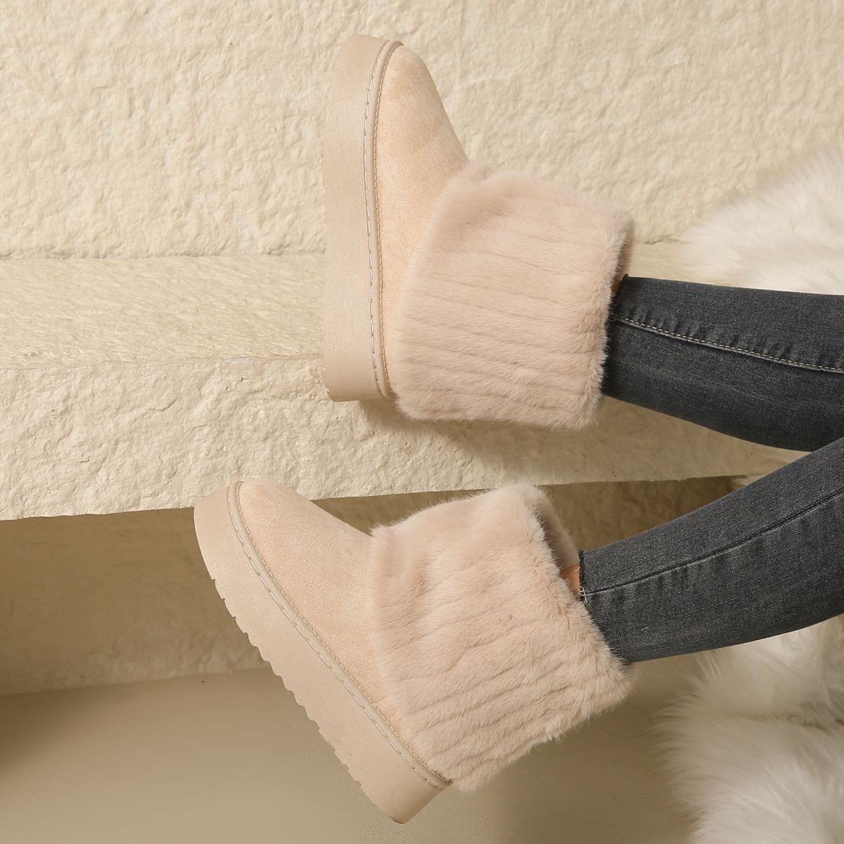 TIOZONEY - Botas de nieve cortas de felpa para Mujer - Blanco