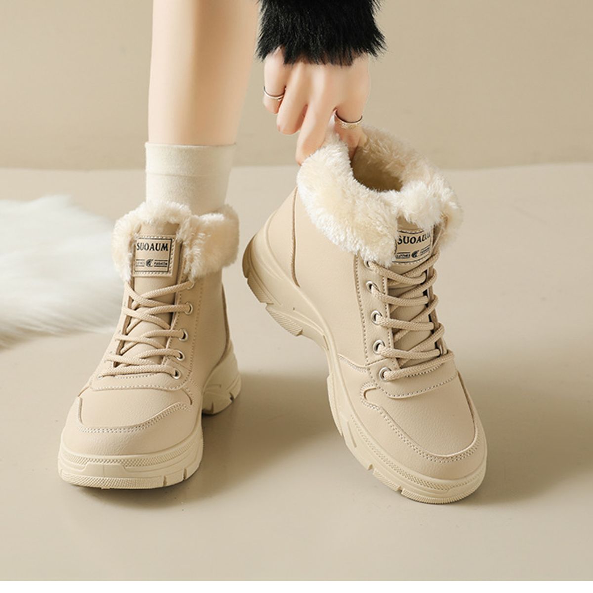 TIOZONEY - Botas de nieve cortas de felpa para Mujer - Beige