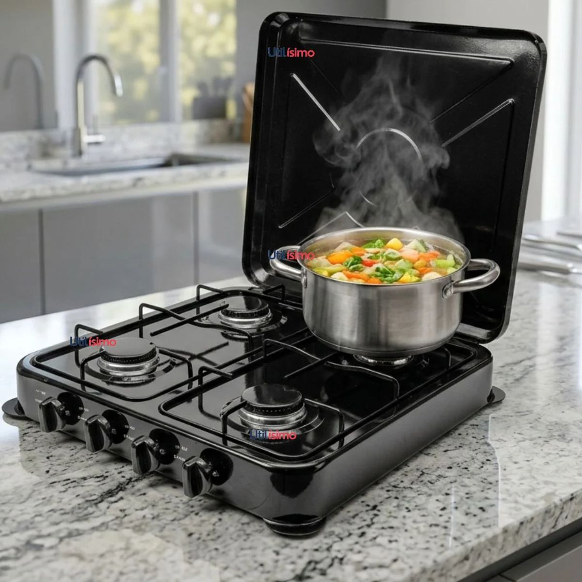LINE - Cocina Encimera a Gas Licuado 4 Platos Cocinilla Negra