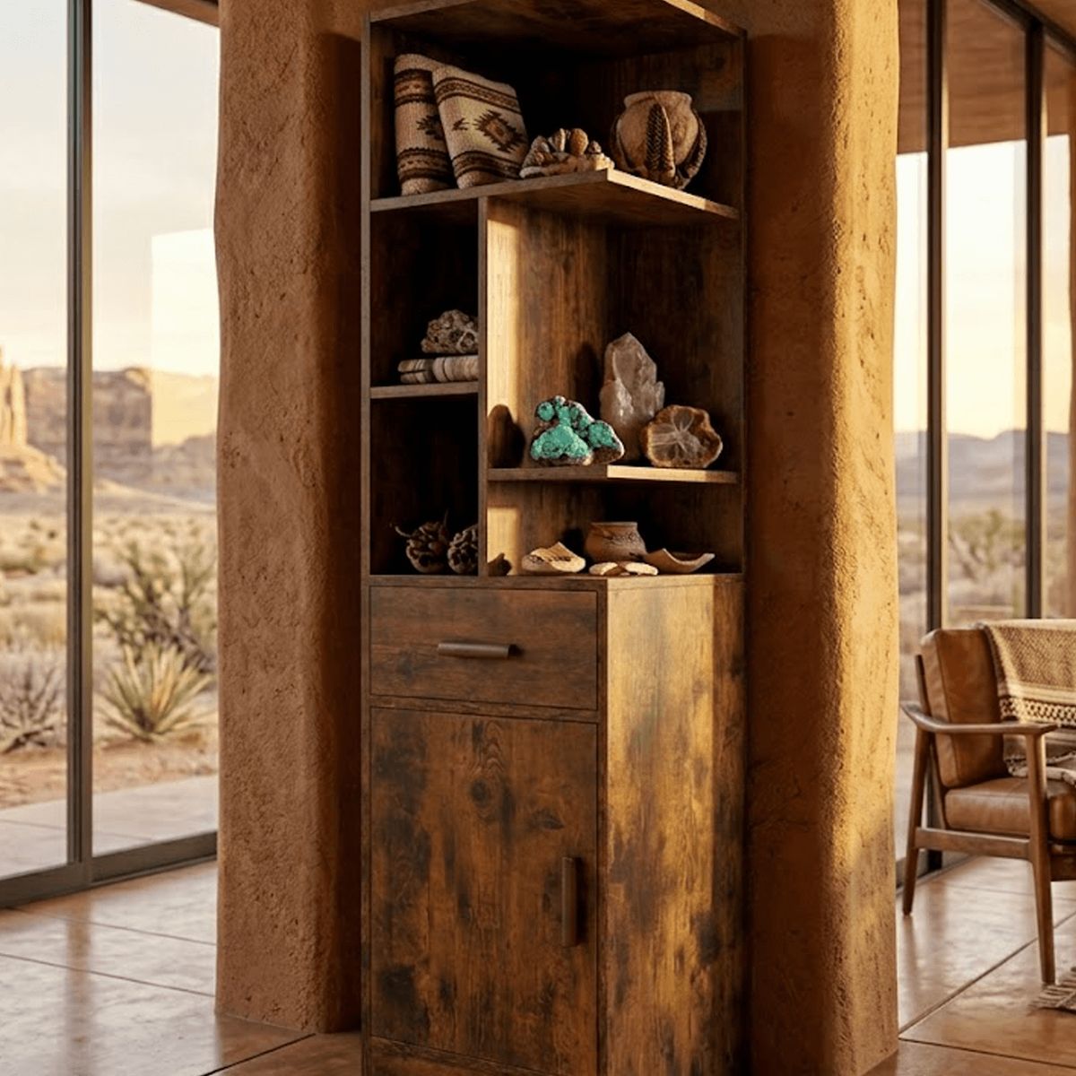 GENERICO - Mueble Esquinero Organizador con Puerta y Cajón Estilo Rústico 39.8x39.8x152cm Estructura Reforzada MDP