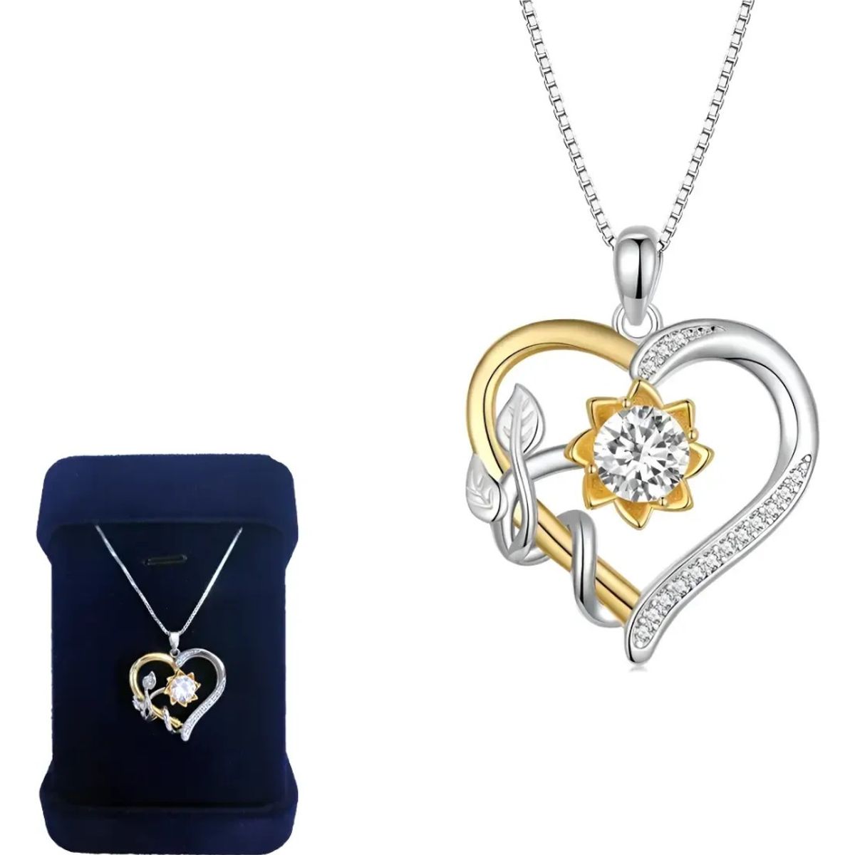 GENERICO - Collar Plata Fina 925 Corazon Girasol Moissanita