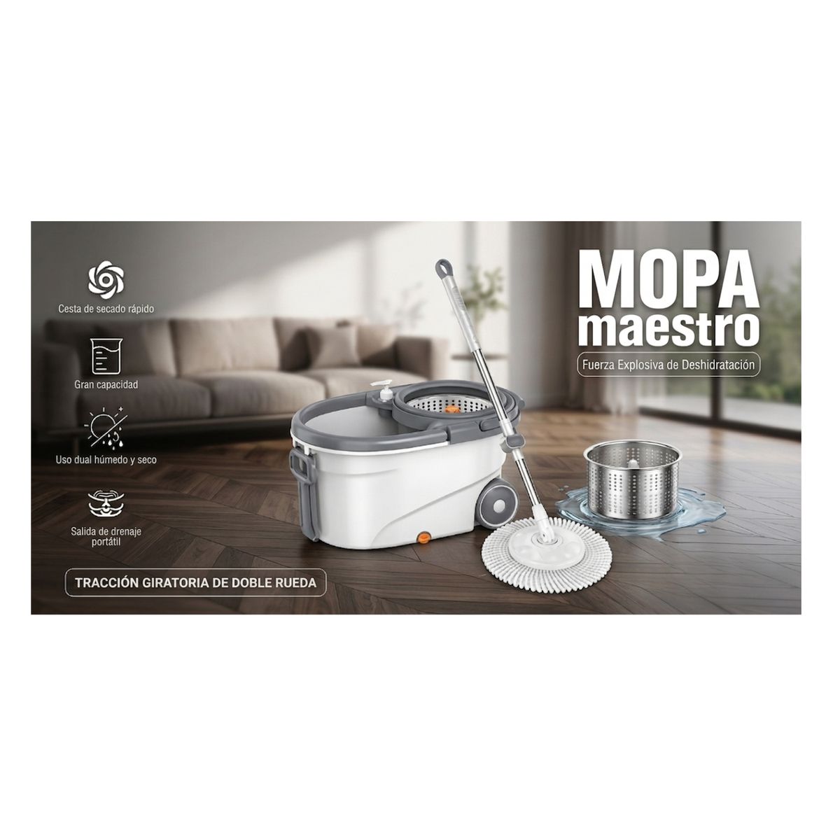 GENERICO - Mopa MOP Giratoria 360 Pro con Ruedas y Centrifugado de Acero Inoxidable - Gris/Blanco