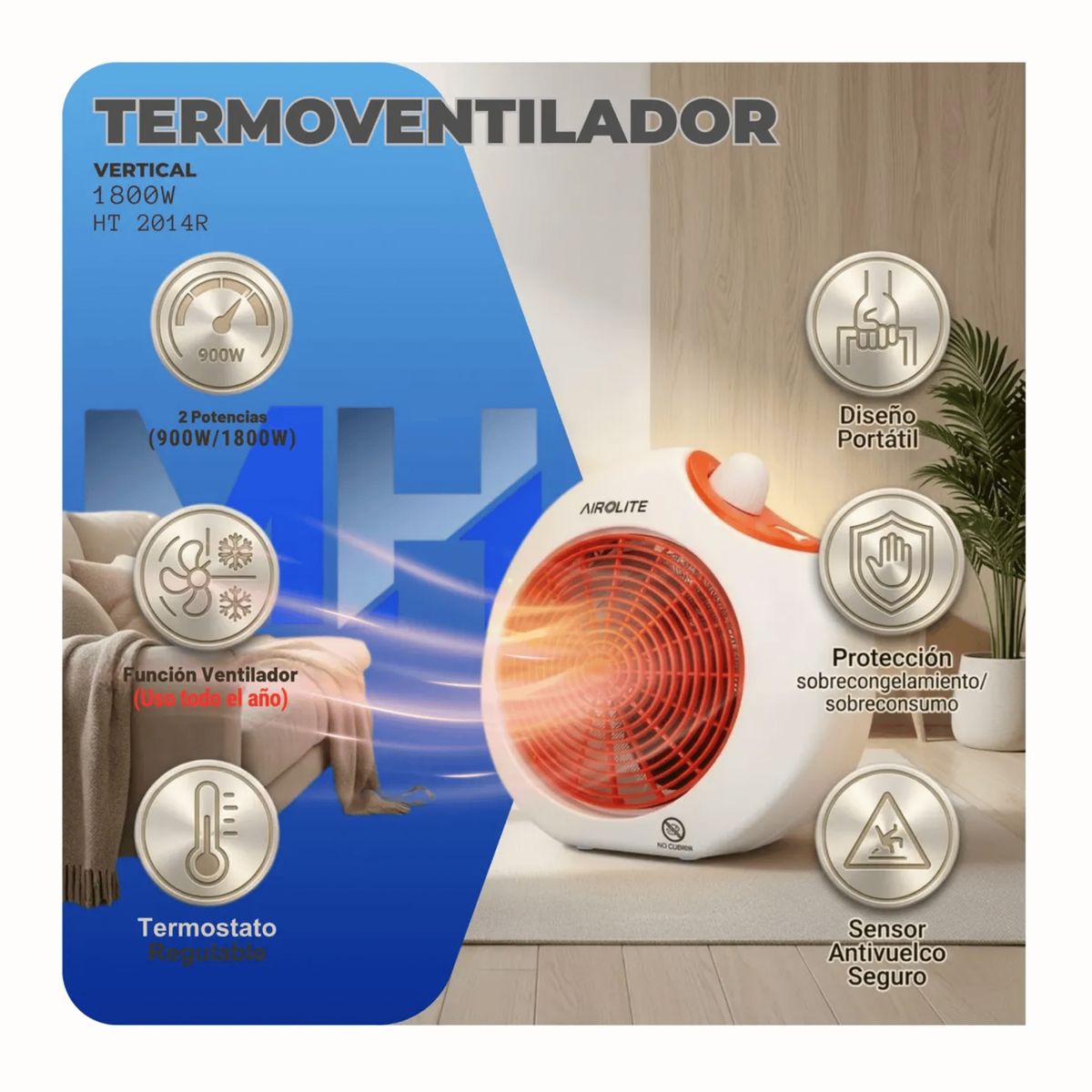 AIROLITE - Termoventilador Airolite Ht2014r Calefactor Electrico 1800w