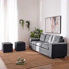 MUEBLES COTTONI - Sofá 3 cuerpos + 2 Pouf Lucca Tela-PU