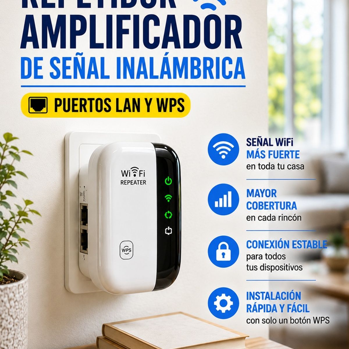 MOVI - Repetidor WiFi 300Mbps Amplificador de Señal Inalámbrica con Puerto LAN y WPS