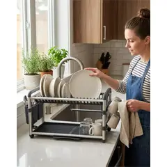 GENERICO - Organizador De Vajilla Doble Altura En Aluminio Y Acero Inoxidable