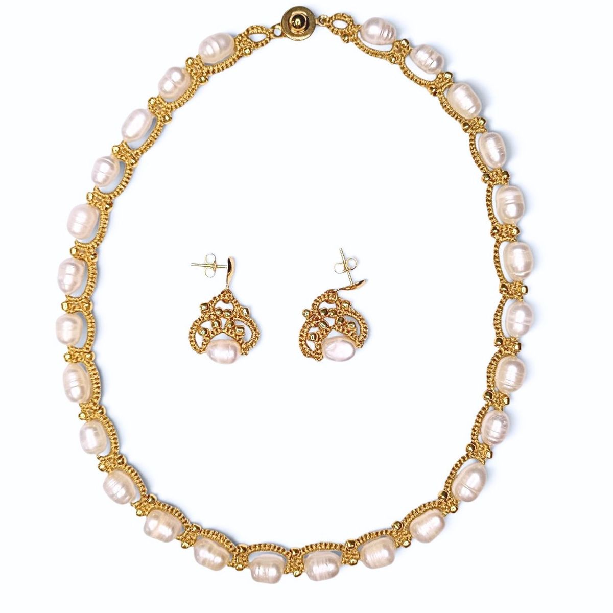 GENERICO - Conjunto de Collar y Aritos tejidos en Frivolité modelo Juliette. Ganchos acero inoxidable