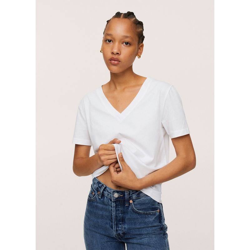 MANGO - Mango Polera Cuello V 100% Algodón  Chalapi Mujer