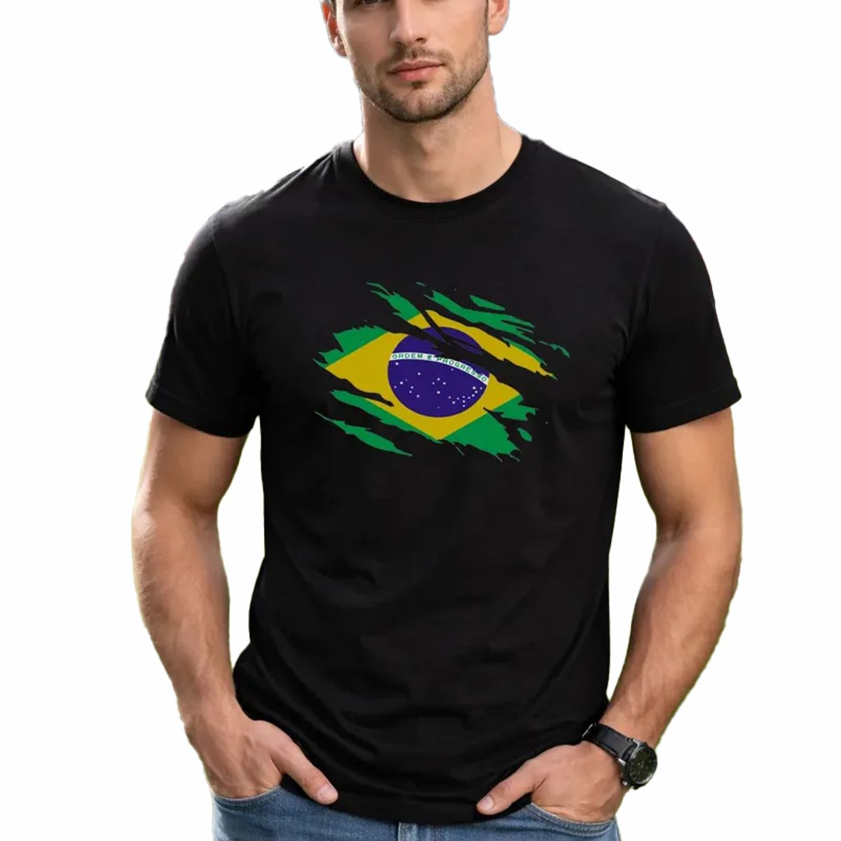 ROLY - Polera Brasil Bandera Rasgada Mundial Futbol Fan Hombre Niño