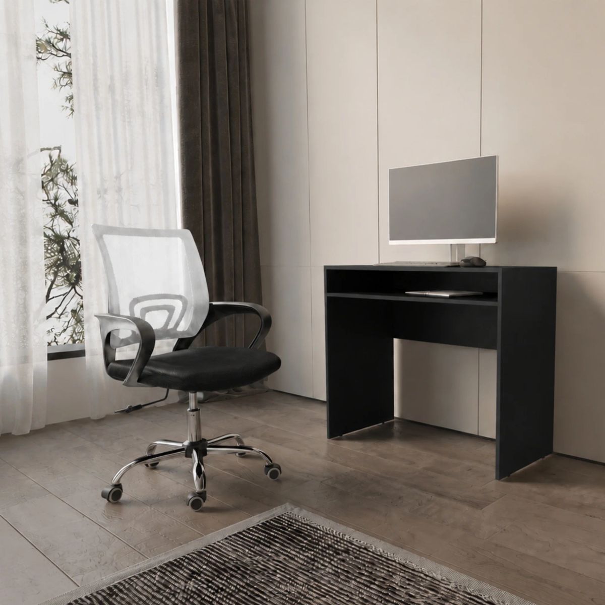 ARTHOME - Combo Oficina New York 1 Escritorio Wengue + Silla Ergonomica Negra y Blanca