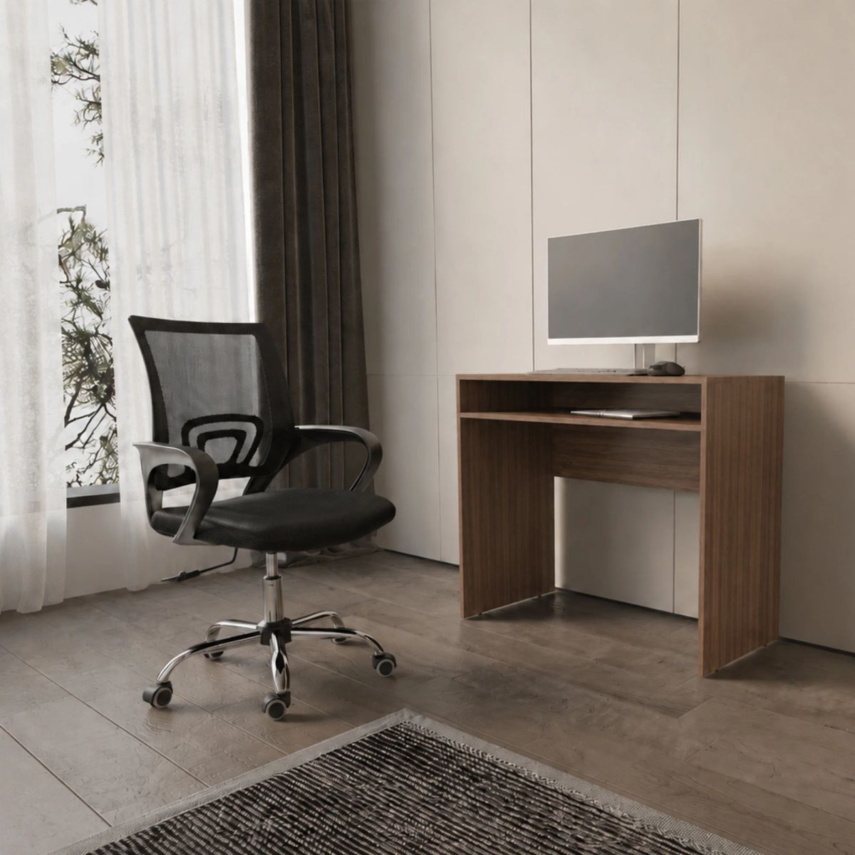 ARTHOME - Combo Oficina New York 1 Escritorio Avellana + Silla Ergonomica Negra
