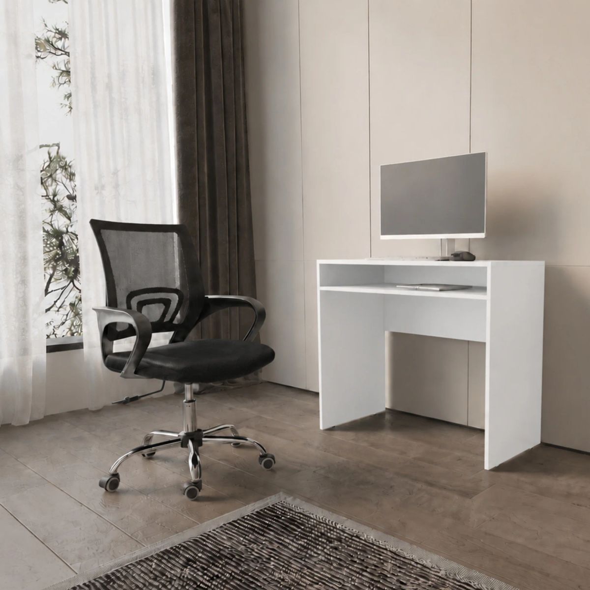ARTHOME - Combo Oficina New York 1 Escritorio Blanco + Silla Ergonomica Negra