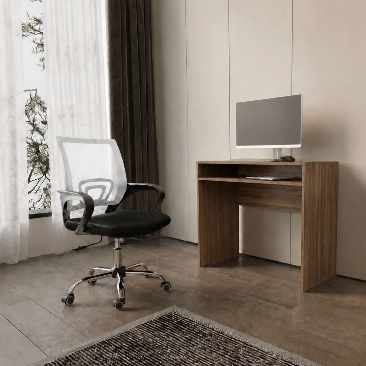 ARTHOME - Combo Oficina New York 1 Escritorio Avellana + Silla Ergonomica Negra y Blanca