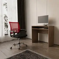 ARTHOME - Combo Oficina New York 1 Escritorio Avellana + Silla Ergonomica Negra y Roja