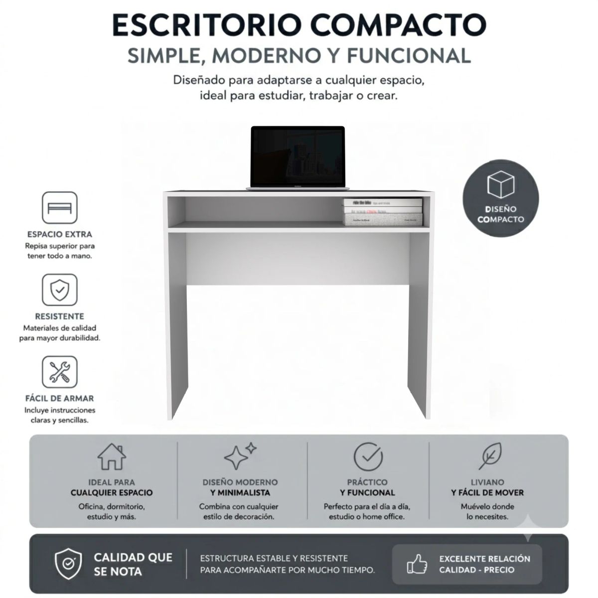 ARTHOME - Combo Oficina New York 1 Escritorio Blanco + Silla Ergonomica Negra y Blanca