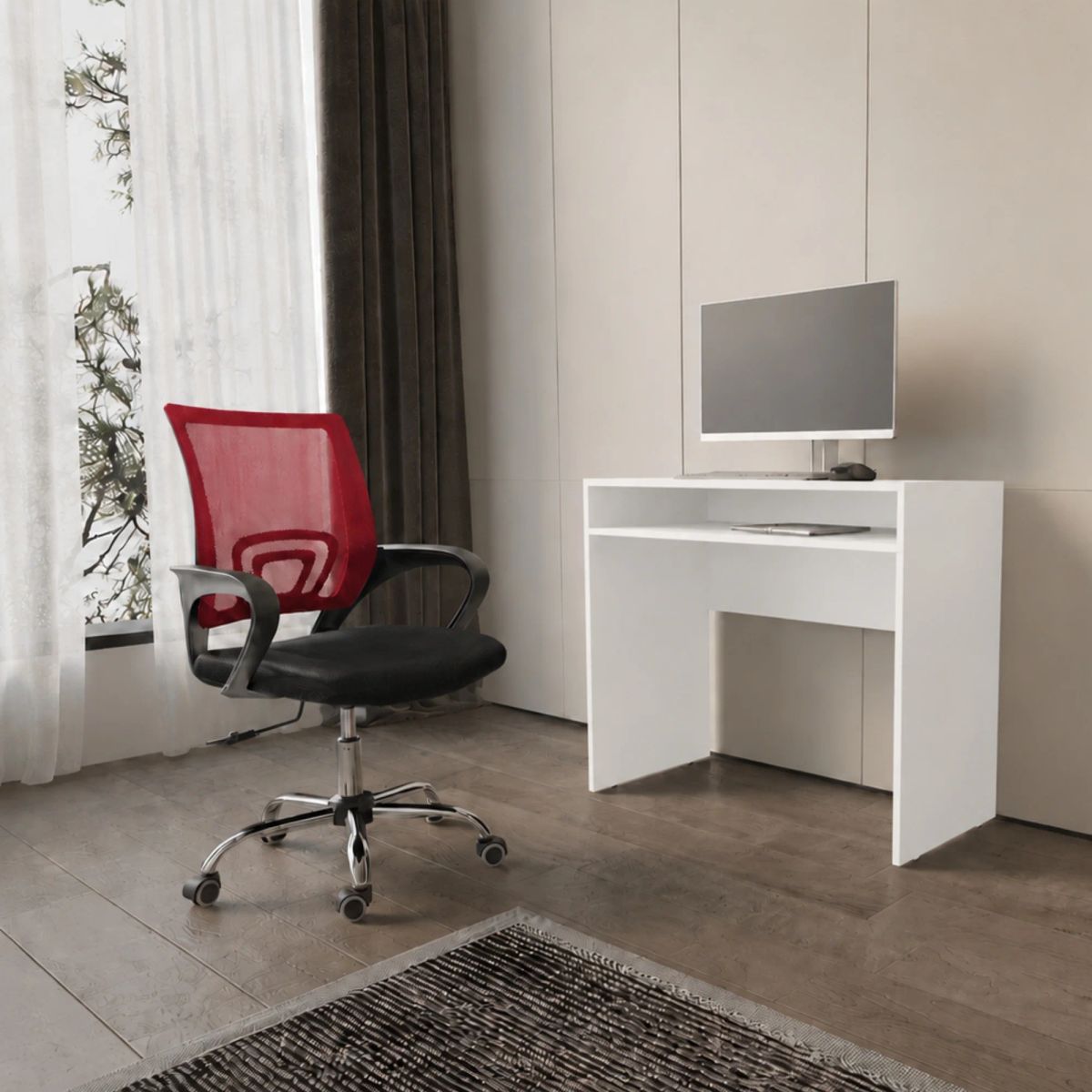 ARTHOME - Combo Oficina New York 1 Escritorio Blanco + Silla Ergonomica Negra y Roja