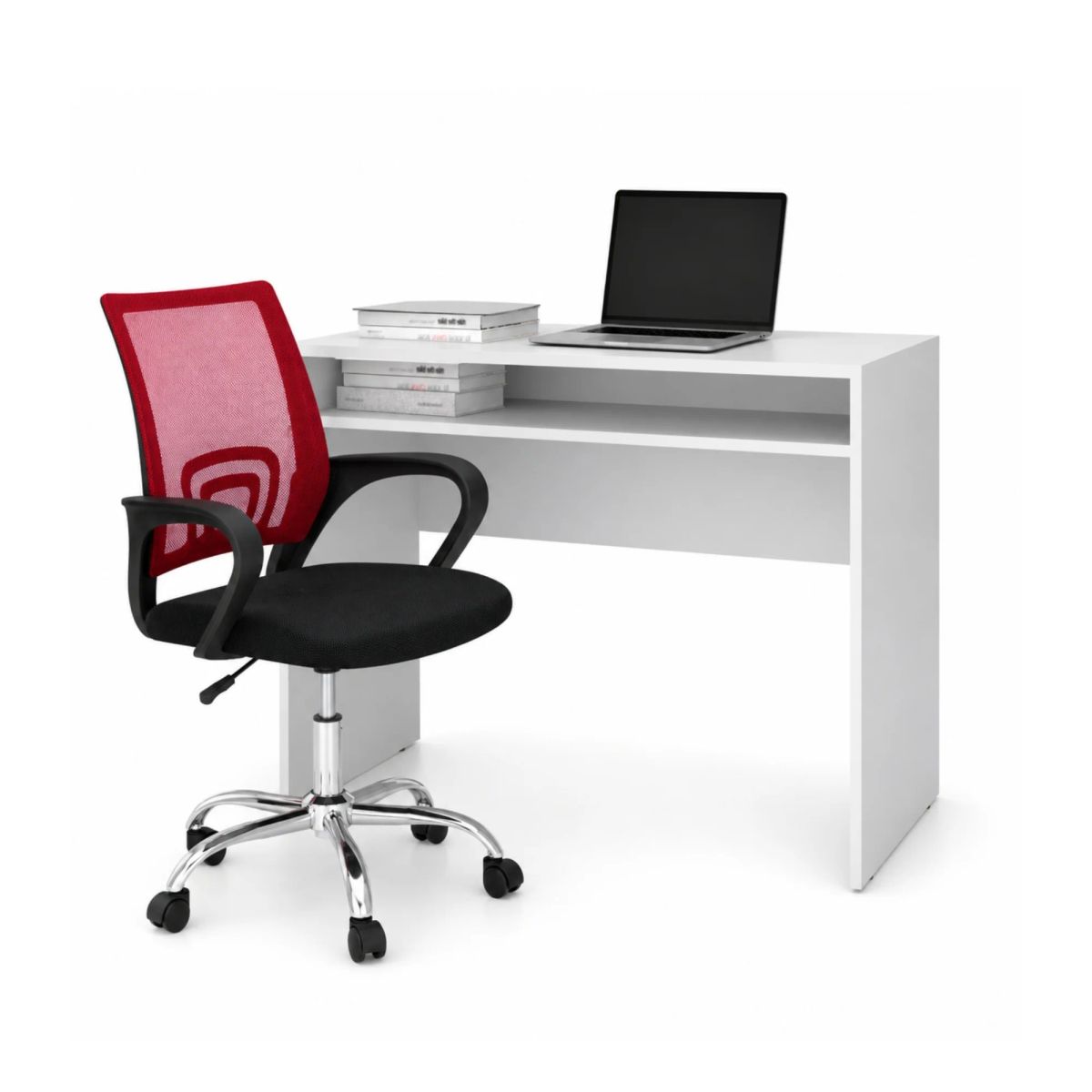 ARTHOME - Combo Oficina New York 1 Escritorio Blanco + Silla Ergonomica Negra y Roja