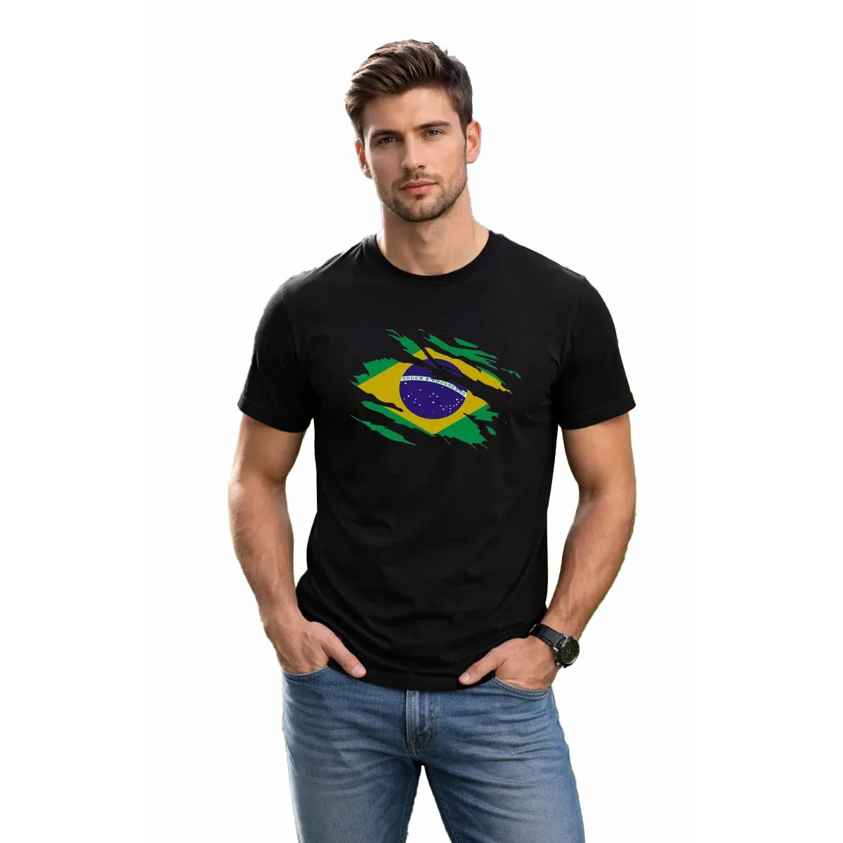 ROLY - Polera Brasil Bandera Rasgada Mundial Futbol Fan Hombre Niño