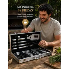 MOVI - Set Parrillero Premium 18 Piezas Acero Inoxidable con Maletín de Lujo