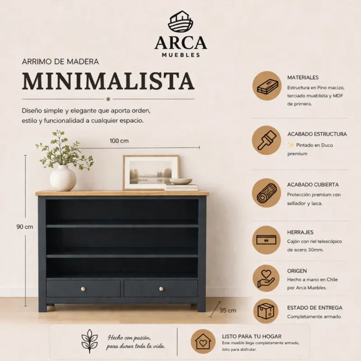 ARCA MUEBLES - Arrimo de madera Minimalista Negro 100Largox40fondox90Alto