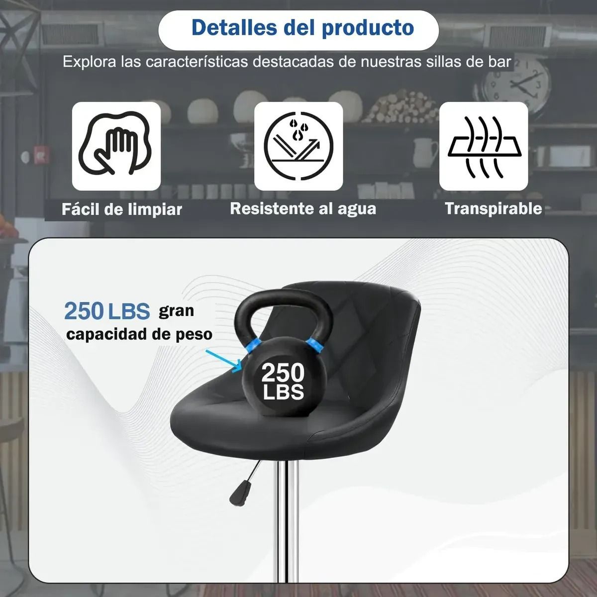 EVERSO - Pack 2 Taburetes de Bar Ajustables con Respaldo y Reposapiés