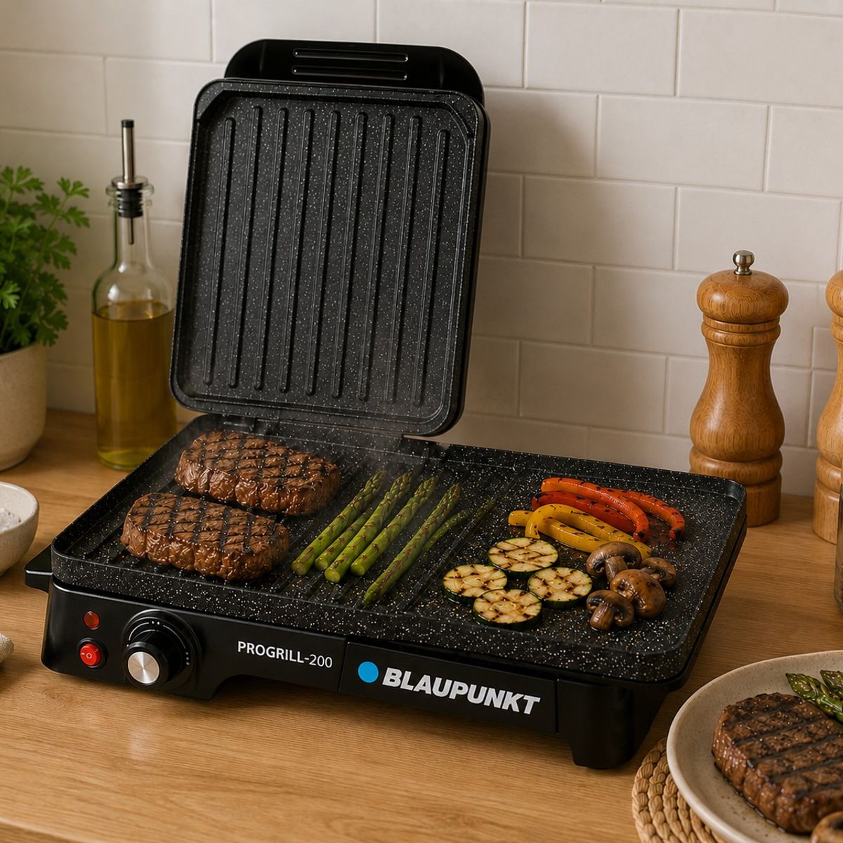 BLAUPUNKT - Parrillera Electrica Antihaderente con Grill Acero Inoxidable PROGRILL-200 Marca Blaupunkt