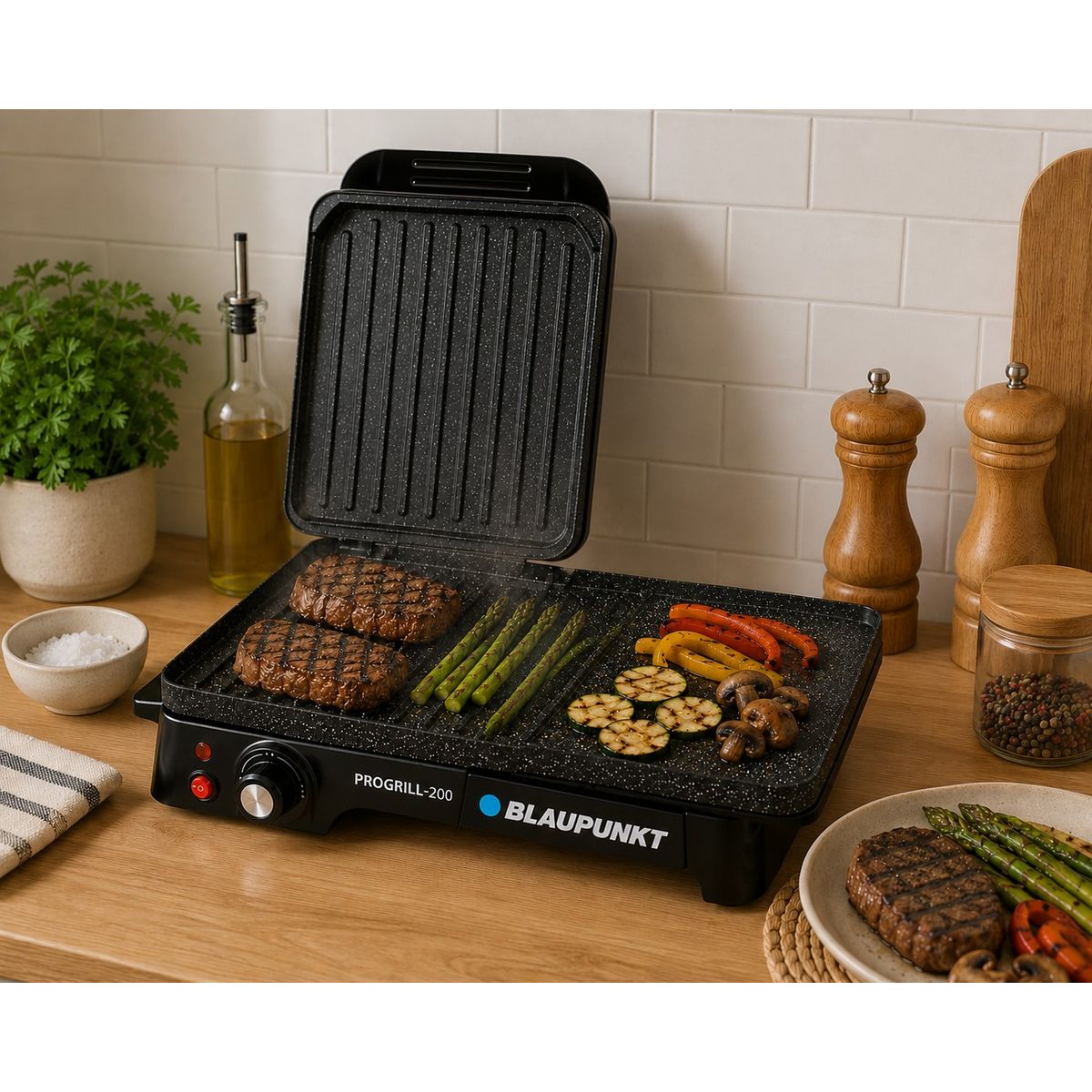 BLAUPUNKT - Parrillera Electrica Antihaderente con Grill Acero Inoxidable PROGRILL-200 Marca Blaupunkt