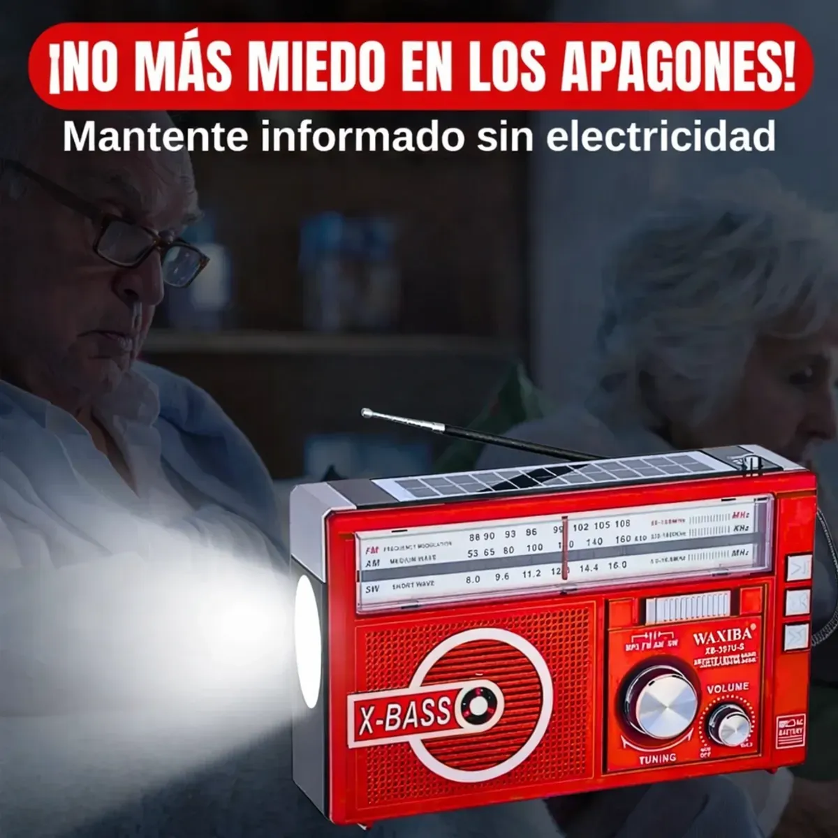 MOVI - Radio AM FM, Con Panel Solar, Linterna, a Pilas y Recargable