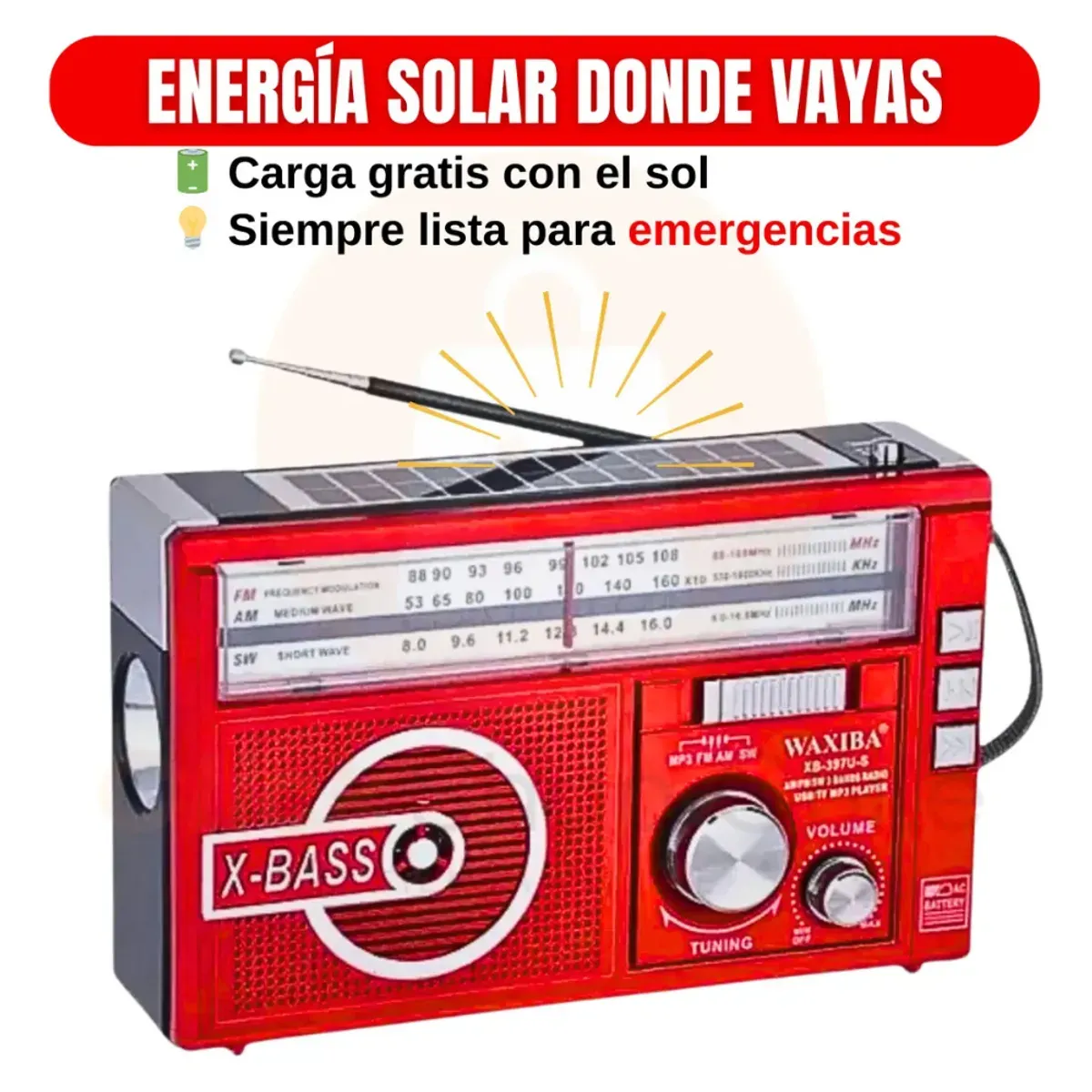 MOVI - Radio AM FM, Con Panel Solar, Linterna, a Pilas y Recargable