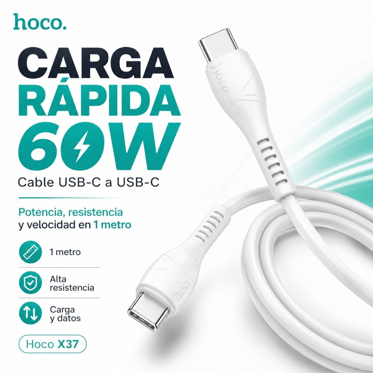 HOCO - Cable USB C A USB C Carga Rapida 60W 1 Metro Blanco