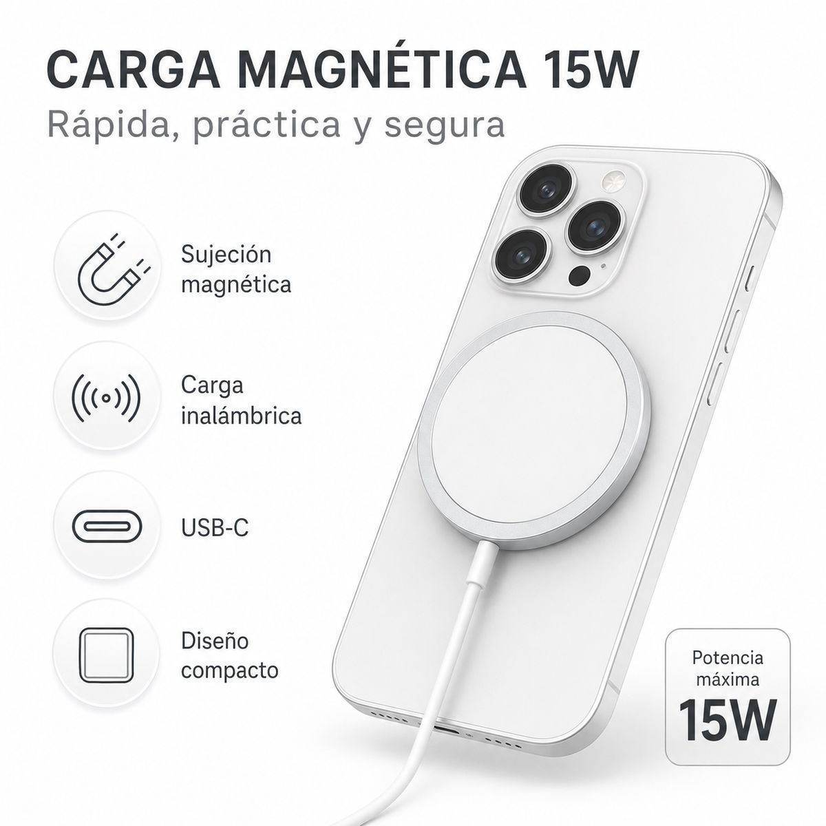 GENERICO - Cargador Inalámbrico Magnético 15W USB C Carga Rápida