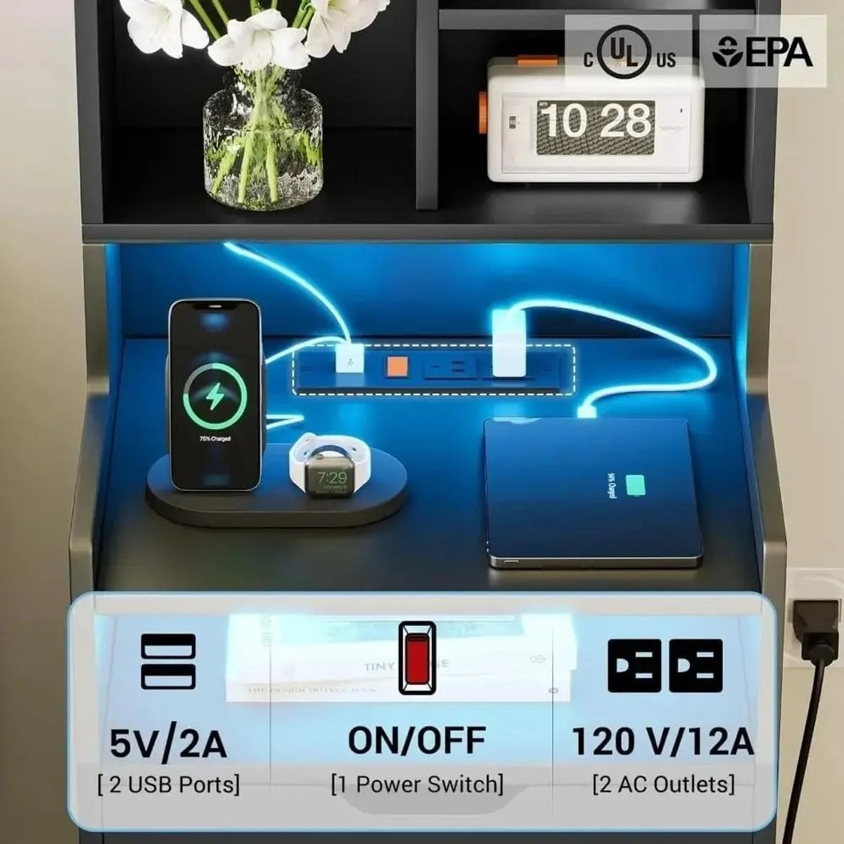 GENERICO - Mesita de Noche Alta Estante de Almacenamiento con Estación de Carga y luz LED Negro