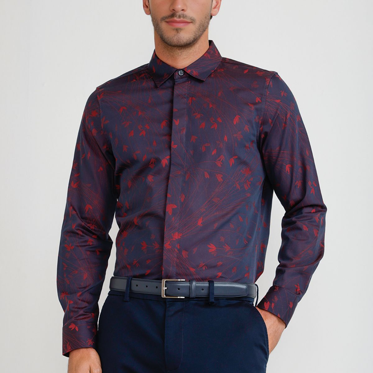 PERRY ELLIS - Camisa Hombre Jacquard Navy Jacquard Shirt