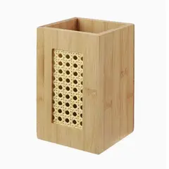 GENERICO - Caja de almacenamiento de bambú con detalle tejido – 11 × 11 × 18 cm