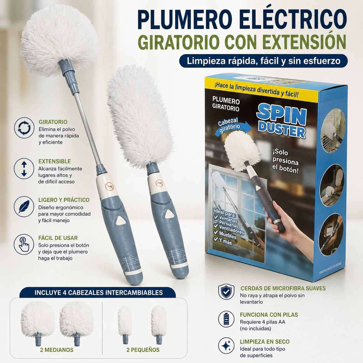 MOVI - Plumero Eléctrico Giratorio con Extensión Spin Duster