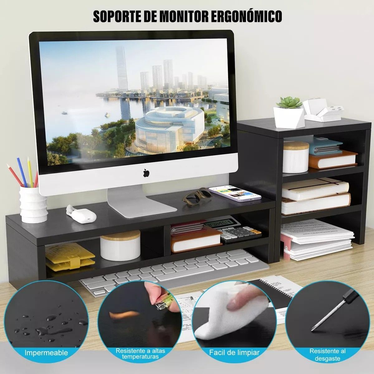 GENERICO - Soporte Monitor Con Estante Almacenamiento De 3 Niveles