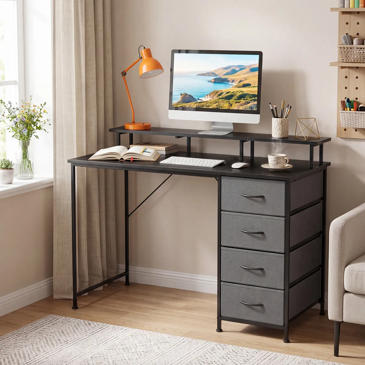 VIDITA - Escritorio 120cm Con Cajones Soporte Repisa Estructura Metálica